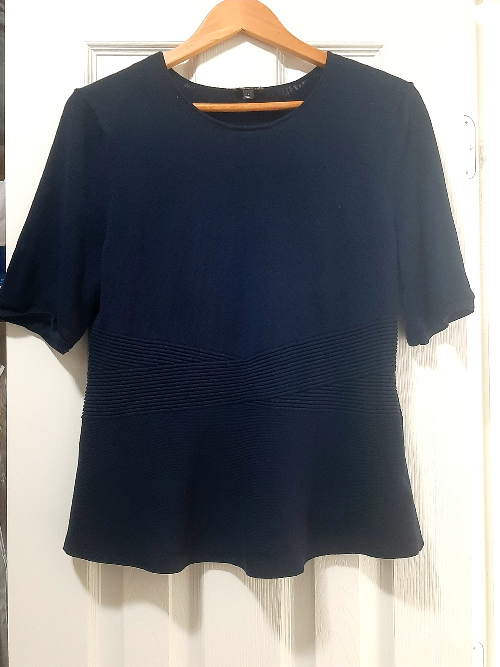 TALBOTS Stretchy Navy 3/4 Sleeve X Waist Band Blouse Size Large
